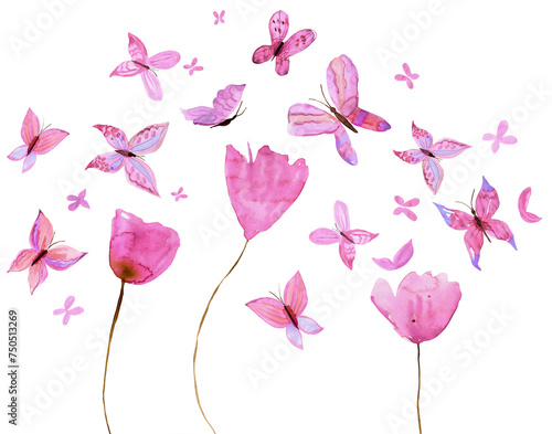 Pink watercolor hand painted butterflies. PNG transparent design element.