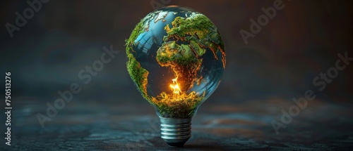 Environmental protection and renewable energy sources. The green world map is on a light bulb representing renewable energy. The green world map is on a light bulb representing renewable energy that