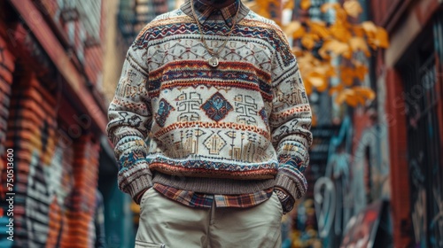 A close-up portrait of an individual dressed in eclectic grandpa style, standing against a backdrop that blends urban and vintage aesthetics.