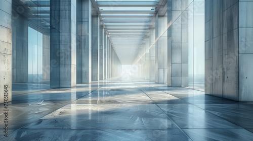 An abstract futuristic glass architecture with an empty concrete floor in 3D...