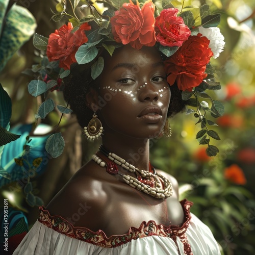 statue of a woman with flowers, young beautiful afro haired african african american girl in a garden with flowers, in the style of traditional mexican style, 