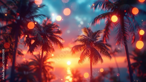 Tropical Palm Trees At Sunset - Vintage Tone And Bokeh Lights. © Zaleman