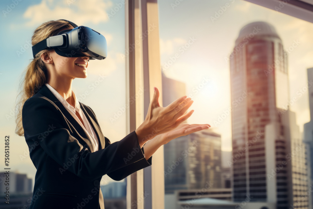 A businesswoman in an online meeting presentation wearing a virtual reality headset A businesswoman in an online meeting presentation wearing a virtual reality headset