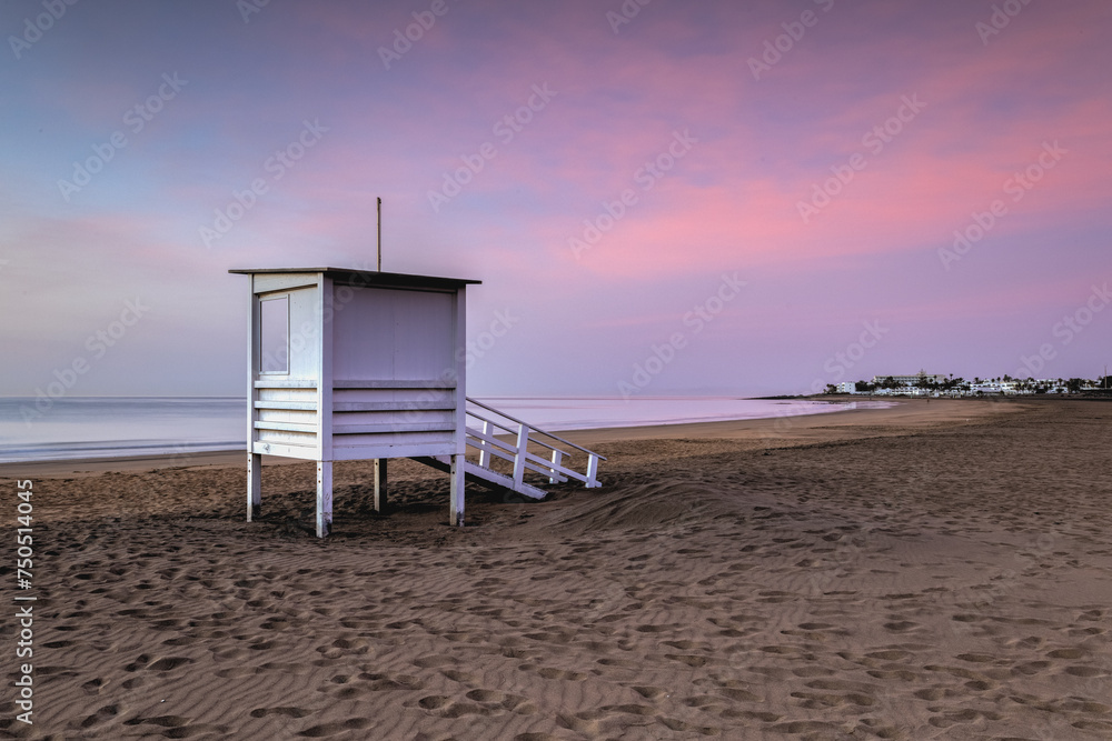 Lifeguard tower on the beach at sunrise  in Puerto del Carmen