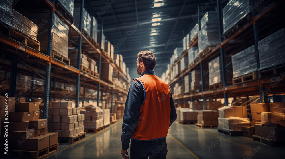 Professional worker wearing safety vest and hard hat looking information the tablet. In the background big warehouse with shelves full of delivery goods. Professional worker wearing safety vest and hard hat looking information the tablet. In the background big warehouse with shelves full of delivery goods.