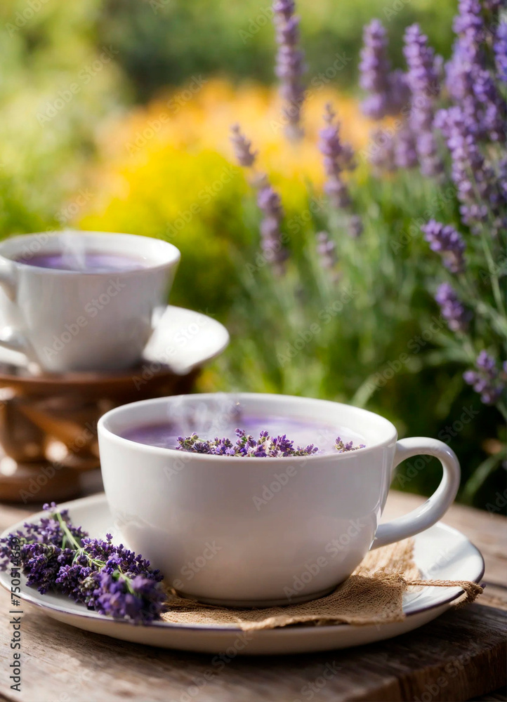 a cup of tea against the backdrop of a lavender field. Selective focus. a cup of tea against the backdrop of a lavender field. Selective focus.