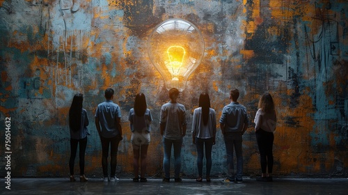 Group of people brainstorming together. Brainstorming concept with lightbulb. Big idea. © Danyilo