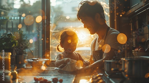 Dad and child bond while cooking breakfast. Heartwarming family moment in the kitchen. Family.