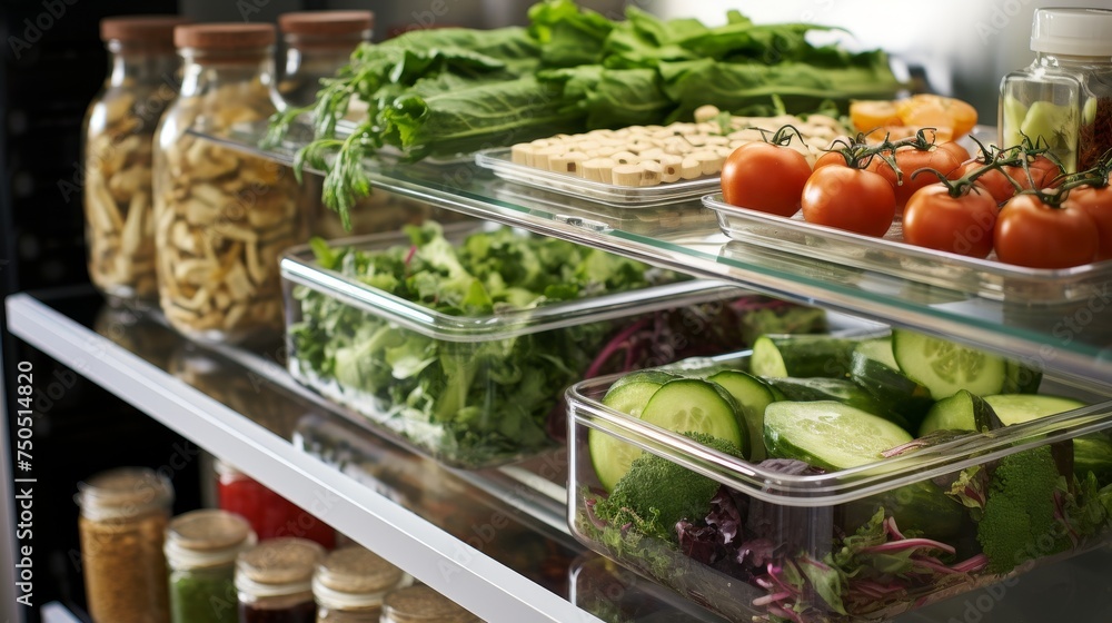 Refrigerator shelves, brimming with an array of fresh foods Refrigerator shelves, brimming with an array of fresh foods