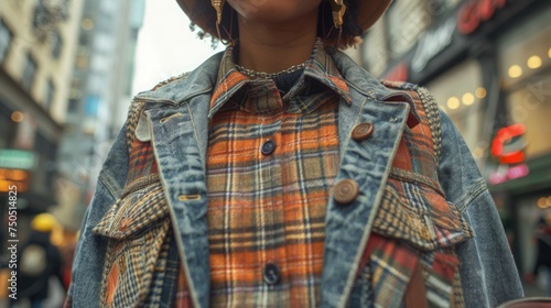A close-up shot of a fashionista amid a bustling city, her eclectic grandpa style turning heads.