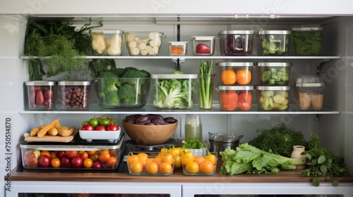 Refrigerator shelves, brimming with an array of fresh foods