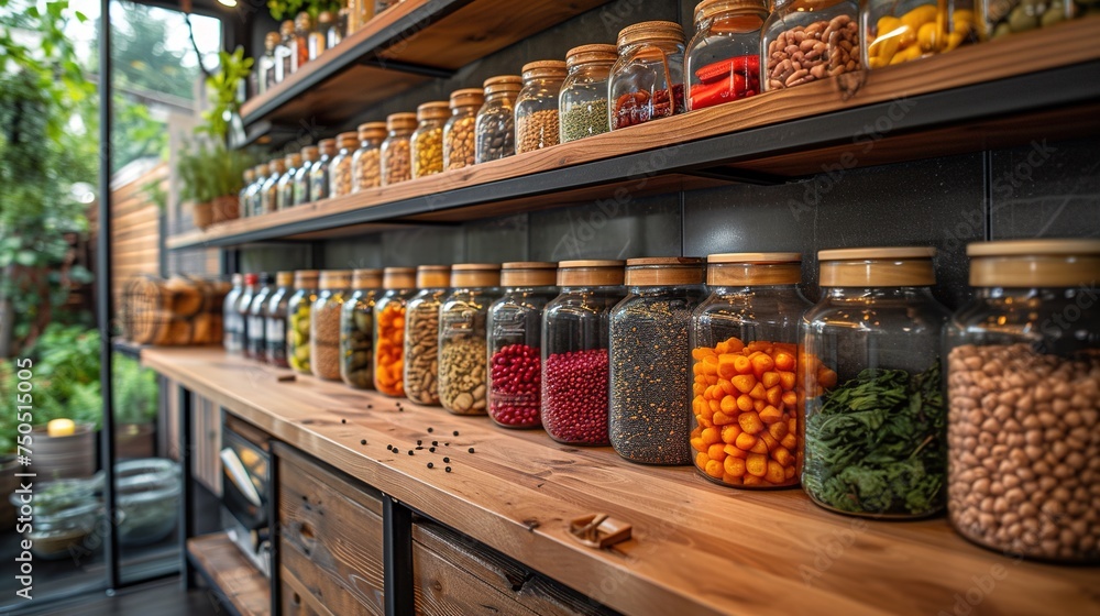 Organised kitchen pantry. Glass jars on wooden shelves in kitchen. Food storage with healthy food.