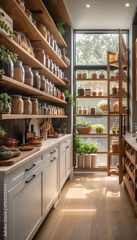 Organised kitchen pantry. Glass jars on wooden shelves in kitchen. Food storage with healthy food.