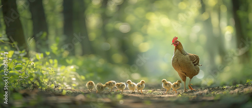spring on a meadow, a mother hen is leading several chicks as they search for insects among the flowers. blurred forrest background