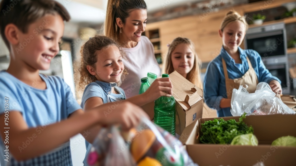 The family sorts waste together in the kitchen The family sorts waste together in the kitchen