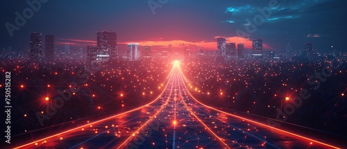 Connected smart city with abstract polygon pattern, speed line light, and big data connection technology concept.