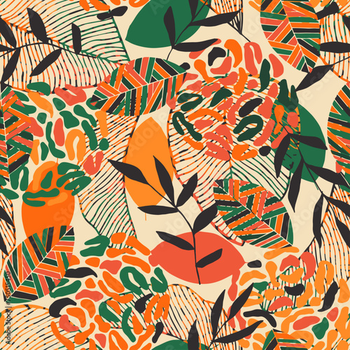 Colorful pattern with tropical leaves and abstract strokes. Modern design for paper, cover, fabric, interior decor and other users.