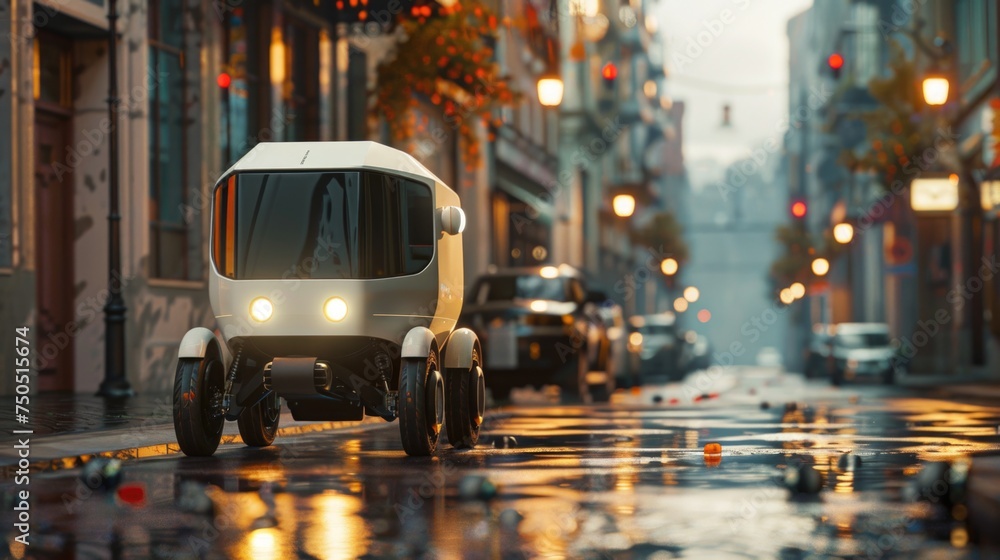 An autonomous food delivery robot navigates a rain-soaked urban street at dusk, symbolizing cutting-edge technology in everyday life. An autonomous food delivery robot navigates a rain-soaked urban street at dusk, symbolizing cutting-edge technology in everyday life.