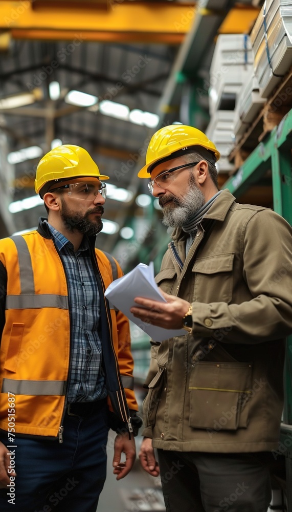 Engineers planning in modern industrial factory. Two engineers debating. Engineers looking at plans. Engineers planning in modern industrial factory. Two engineers debating. Engineers looking at plans.