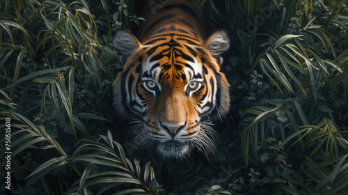 A majestic tiger peering through the dense foliage of a jungle.