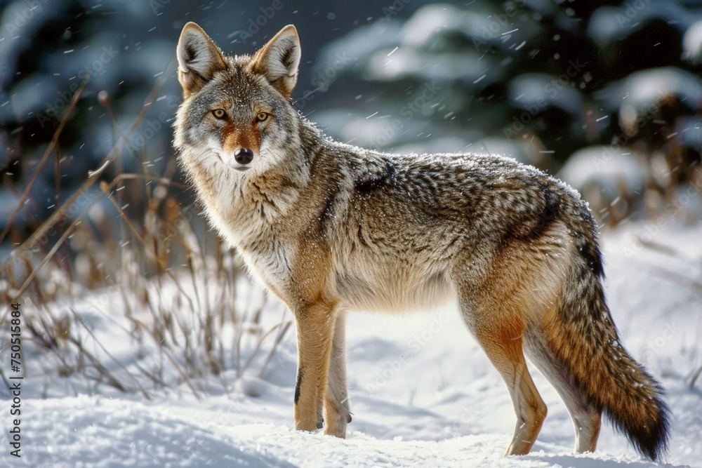 Wolf in snow, majestic gray canine in winter wilderness 