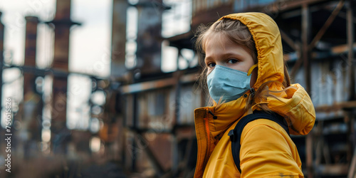 Little girl with mask on face against air pollution, copy space, social problem concept, factory background