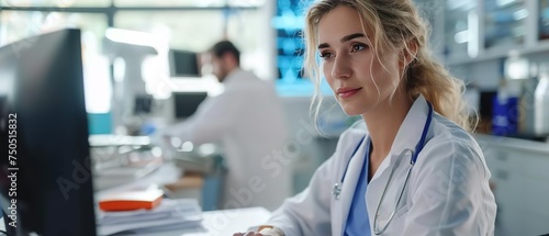 Doctor looking at patients information on computer. Female doctor consulting patient in hospital.