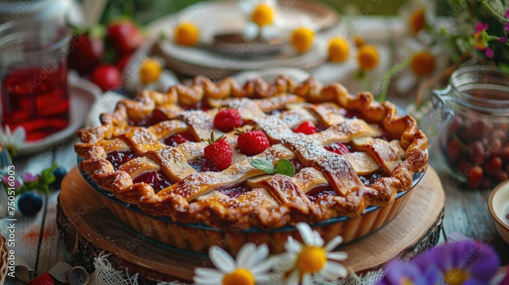 A closeup shot of a traditional May Day pie with a lattice crust
