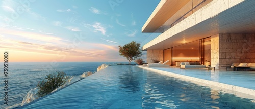 View of a modern building with a terrace and swimming pool on a sea view background. Concept for a family vacation. 3D rendering.