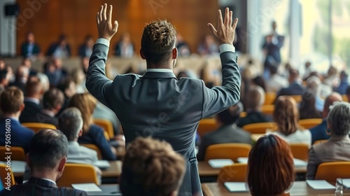Back view of young man raising hand during lecture. Man standing in the audience with hand up.