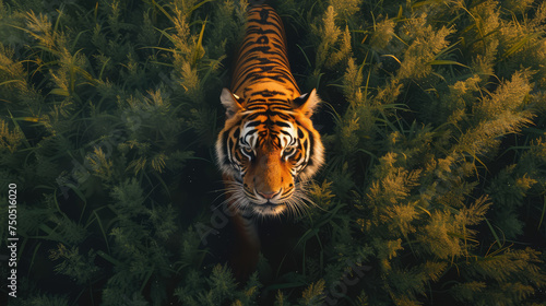An aerial view of a tiger moving stealthily through a lush forest, with its gaze fixed upwards.