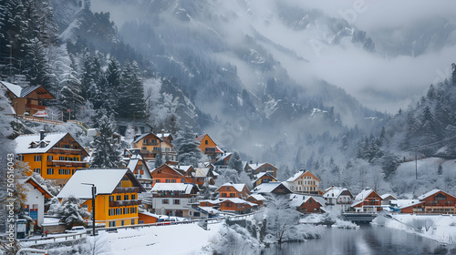 A quaint mountain village, with colorful chalets as the background, during a snowstorm