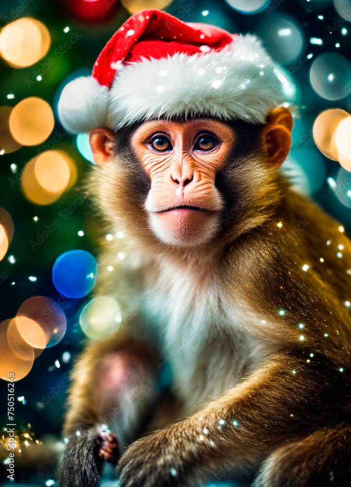 monkey in a santa go monkey hat. Selective focus. monkey in a santa go monkey hat. Selective focus.