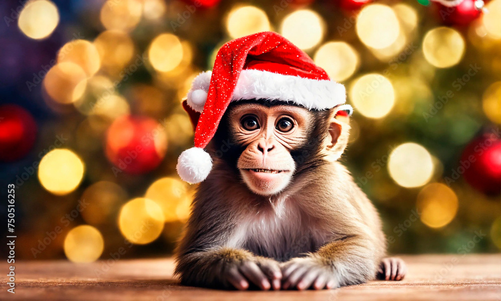 monkey in a santa go monkey hat. Selective focus. monkey in a santa go monkey hat. Selective focus.