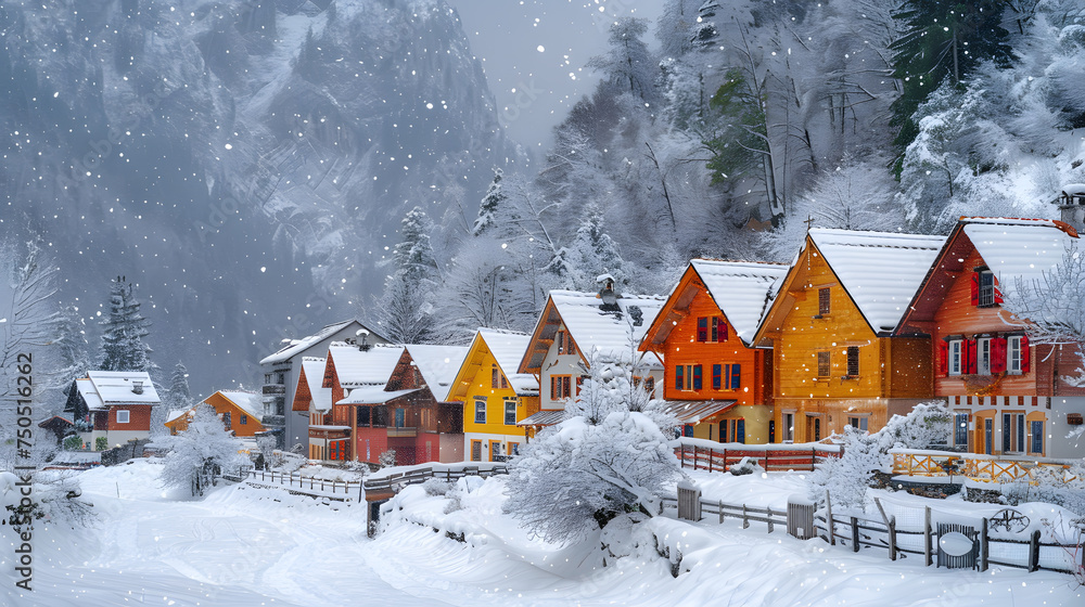 A quaint mountain village, with colorful chalets as the background, during a snowstorm