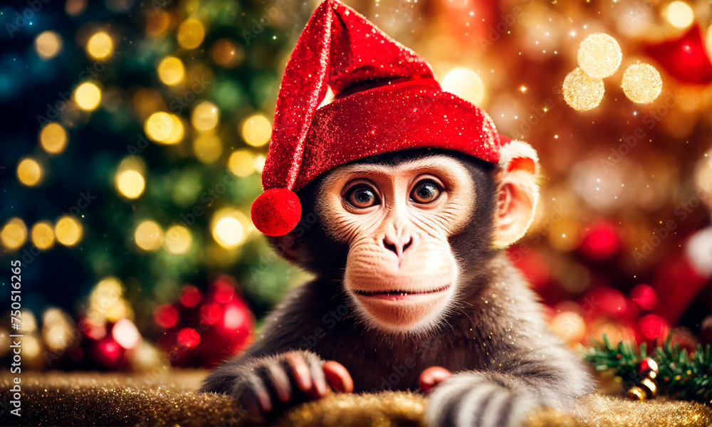 monkey in a santa go monkey hat. Selective focus. monkey in a santa go monkey hat. Selective focus.