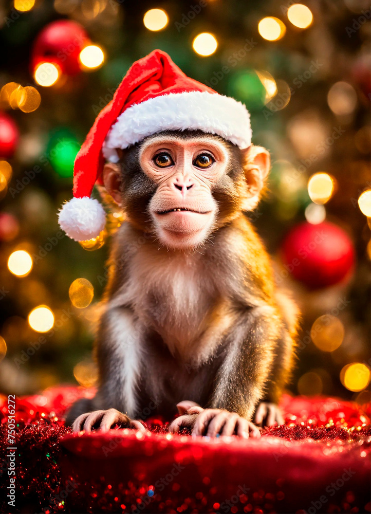 monkey in a santa go monkey hat. Selective focus. monkey in a santa go monkey hat. Selective focus.
