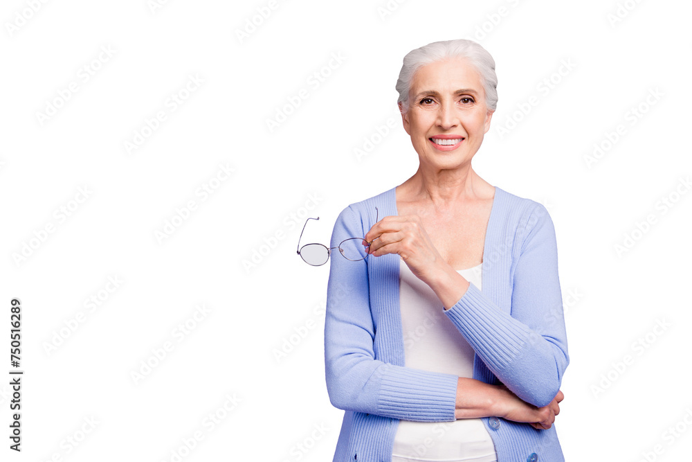 Granny advises! Beautiful nice gray-haired smiling old lady business woman wearing casual, holding glasses. Copy space. Isolated over pastel violet purple background Granny advises! Beautiful nice gray-haired smiling old lady business woman wearing casual, holding glasses. Copy space. Isolated over pastel violet purple background