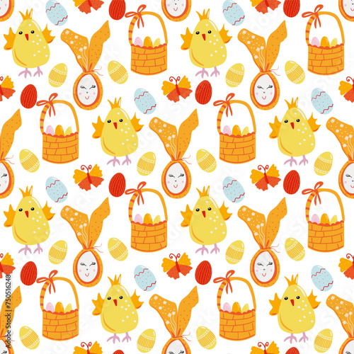 Seamless pattern with cute baby chicks and painted eggs. Vector illustration for celebration of Easter holiday