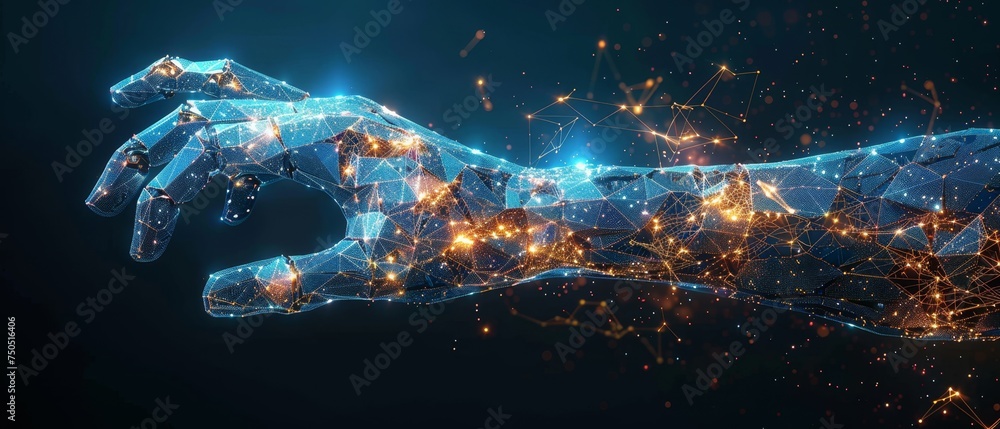 A low polygonal abstract health illustration depicts a robotic arm and hand. A low poly  illustration depicts a starry sky.  image in RGB color mode.