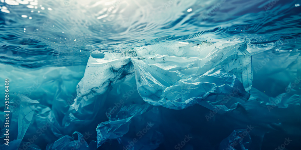Fototapeta premium Plastic bag in the ocean, environment pollution concept