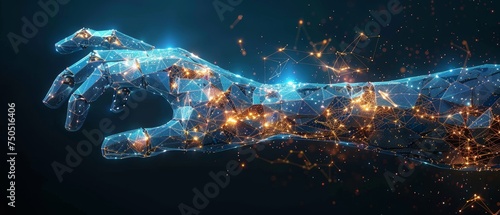 A low polygonal abstract health illustration depicts a robotic arm and hand. A low poly  illustration depicts a starry sky.  image in RGB color mode.