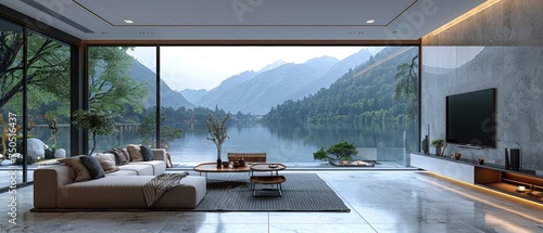 This is a 3D rendering of a modern living room with furniture and a lake view background on bright laminate floor. On white wall there is a TV and a cabinet. photo