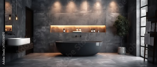 Modern dark bathroom interior with bathtub. Minimalistic style bathroom. Luxurious interior.