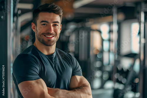 Muscular brunette man in sportswear  smiling and looking at the camera on the background of the gym with copy space. Personal trainer. The concept of a healthy lifestyle and sports 
