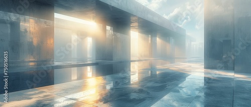 The abstract futuristic glass structure has an empty concrete floor in the 3D rendering.
