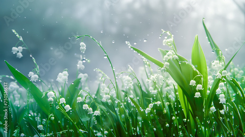 Lily of the valley flowers with morning dew