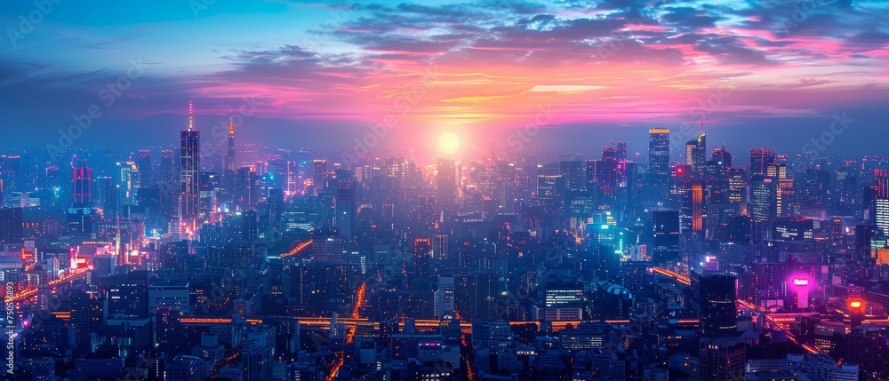 Aerial view of a cityscape skyline with smart services and icons, internet of things, and augmented reality concept at night. - obrazy, fototapety, plakaty 