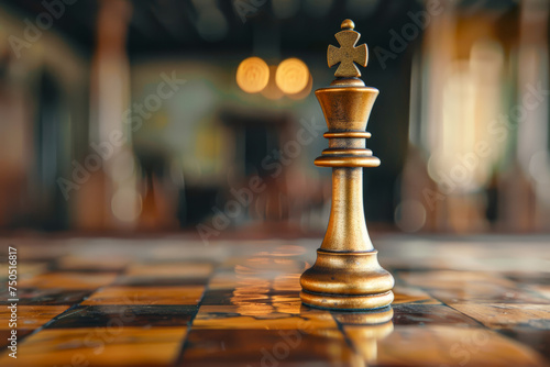 The king chess piece standing on chessboard, leadership, competition, business strategy concept