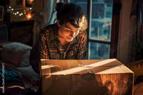 Woman seated on bed looking at cardboard box, addressee received package from friend, delivery service concept photo